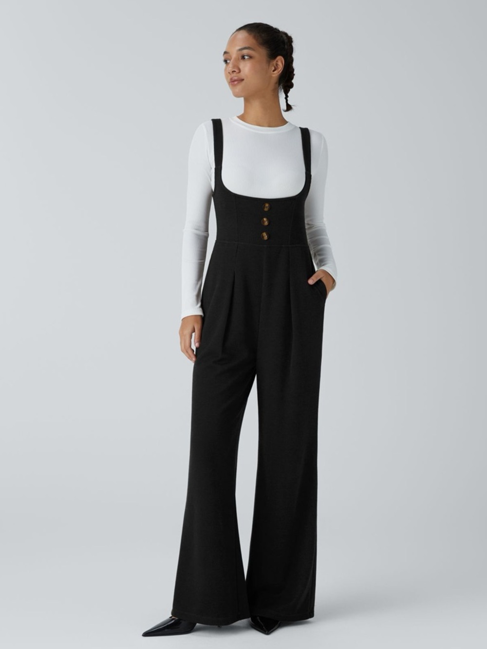 HALARA Button Detail Pinafore Wide-Leg Black Jumpsuit Women’s L NWT